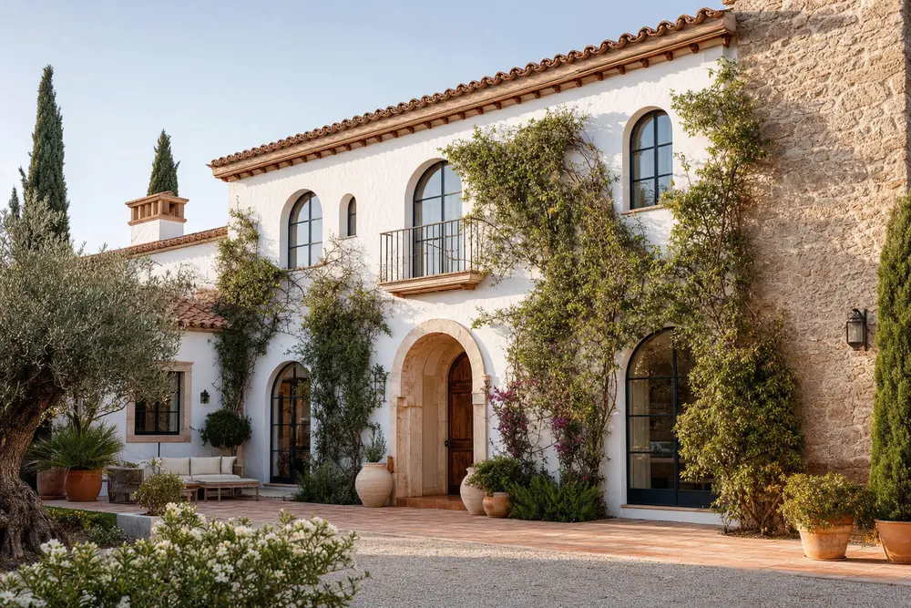 Fully renovated Spanish villa exterior with whitewashed walls and terracotta roof