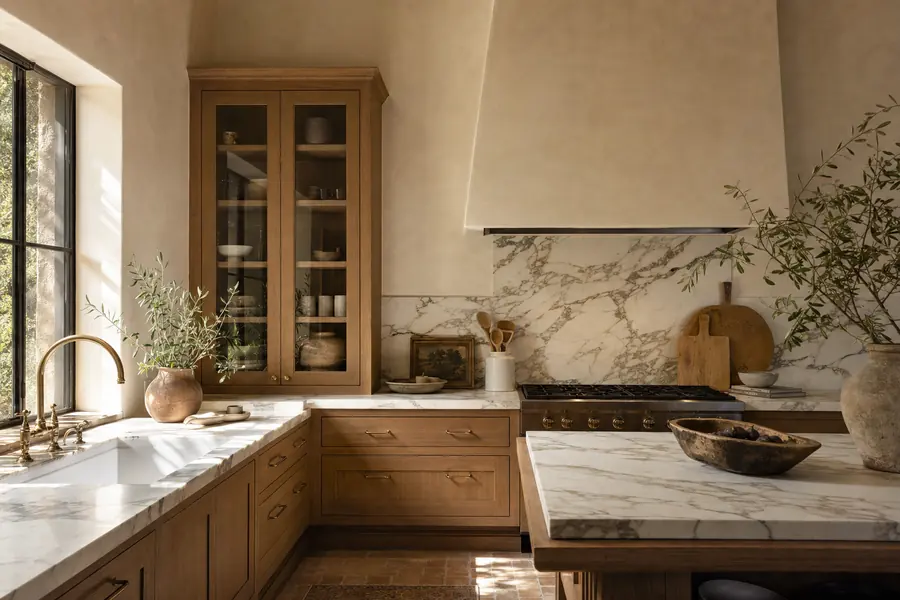 Renovated Mediterranean kitchen with oak cabinetry and marble counter