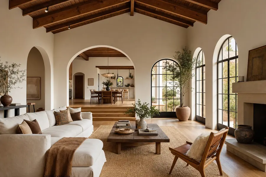 Renovated open-plan living room with wood beams and arched windows